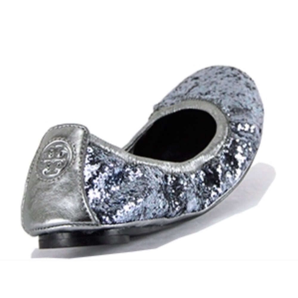 TORY BURCH Eddie Pewter Leather Glitter Ballet Flats
